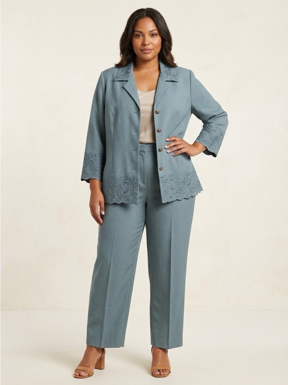 Alfred Dunner Blue 2 Piece Embroidered Blazer & Pant Suit Set Size 16W